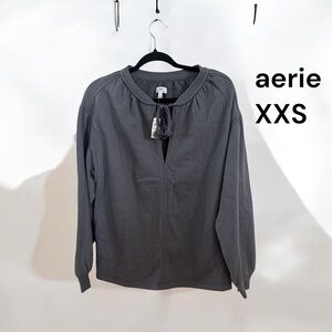 🍀Aerie Charcoal Long Sleeve Top with Tassel Tie
